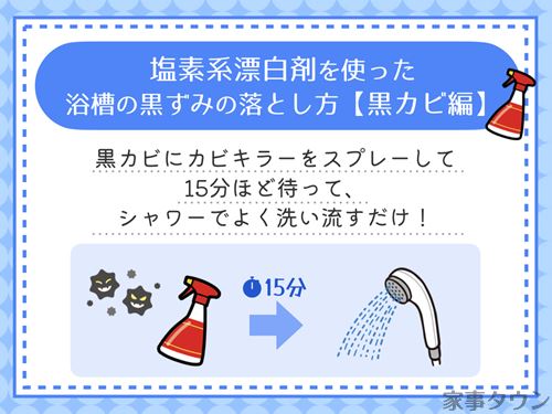 塩素系漂白剤を使った浴槽の黒ずみの落とし方（黒カビ編）